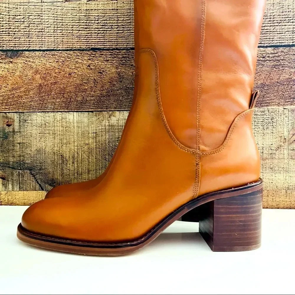 NWOT Zara Cognac Leather Block Heel Knee High Boots